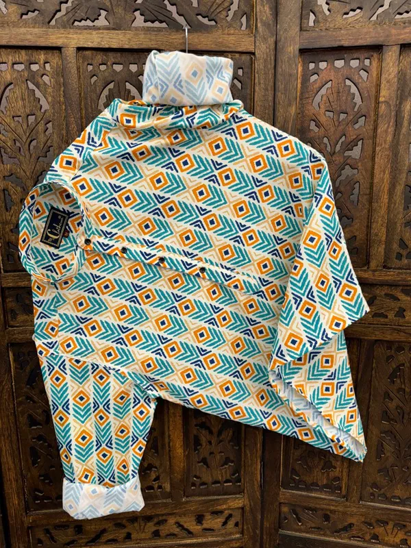Yellow_Cotton_Printed_Long_Sleeves_Casual_Kurta_Style_Shirt_For_Men