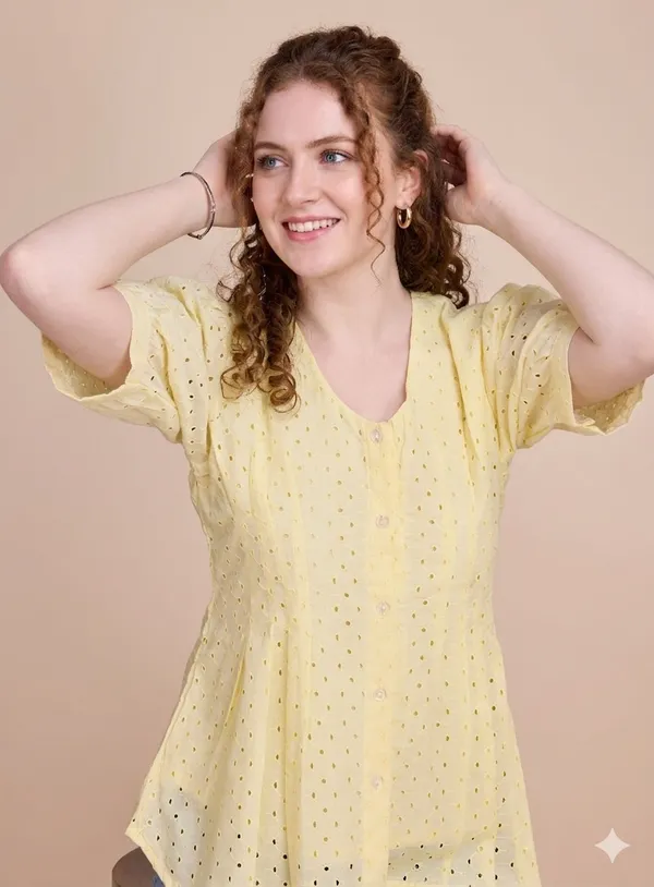 Yellow_Schiffli__Short_puff_sleeve_Casual_Top_For_Women