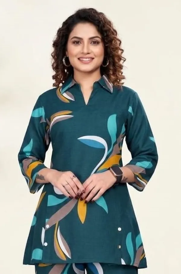 Bottle_Green_Poly-Cotton_Blend_Printed_3/4_Sleeves_Casual_Co-ord_Set_For_Women