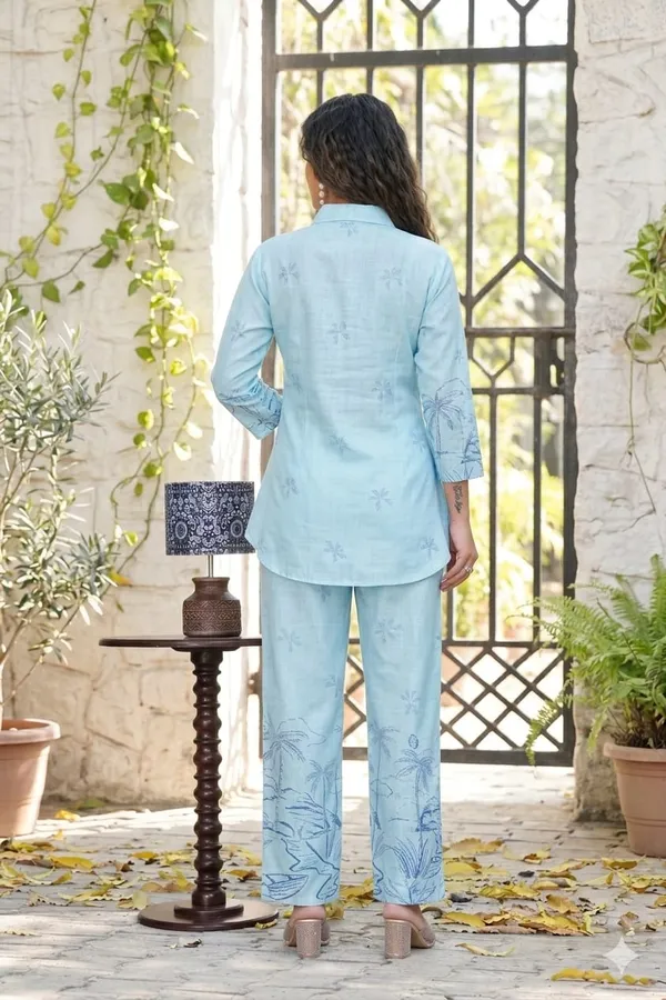 Sky_Linen_Printed_3/4_Sleeves_Casual_Co-ord_Set_For_Women