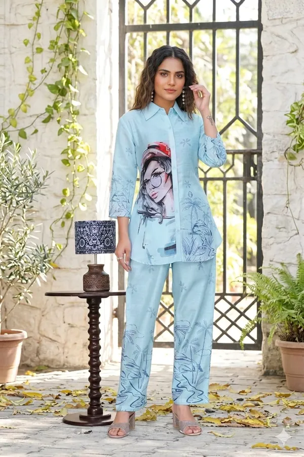 Sky_Linen_Printed_3/4_Sleeves_Casual_Co-ord_Set_For_Women