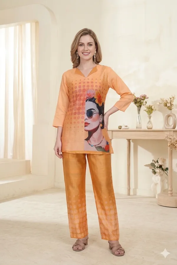 Orange_Linen_Printed_3/4_Sleeves_Casual_Co-ord_Set_For_Women