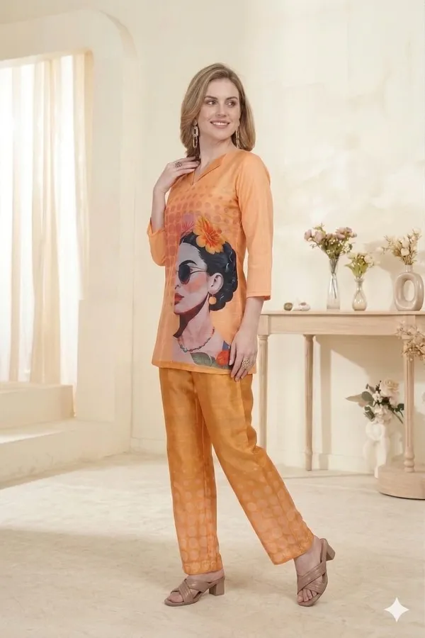 Orange_Linen_Printed_3/4_Sleeves_Casual_Co-ord_Set_For_Women