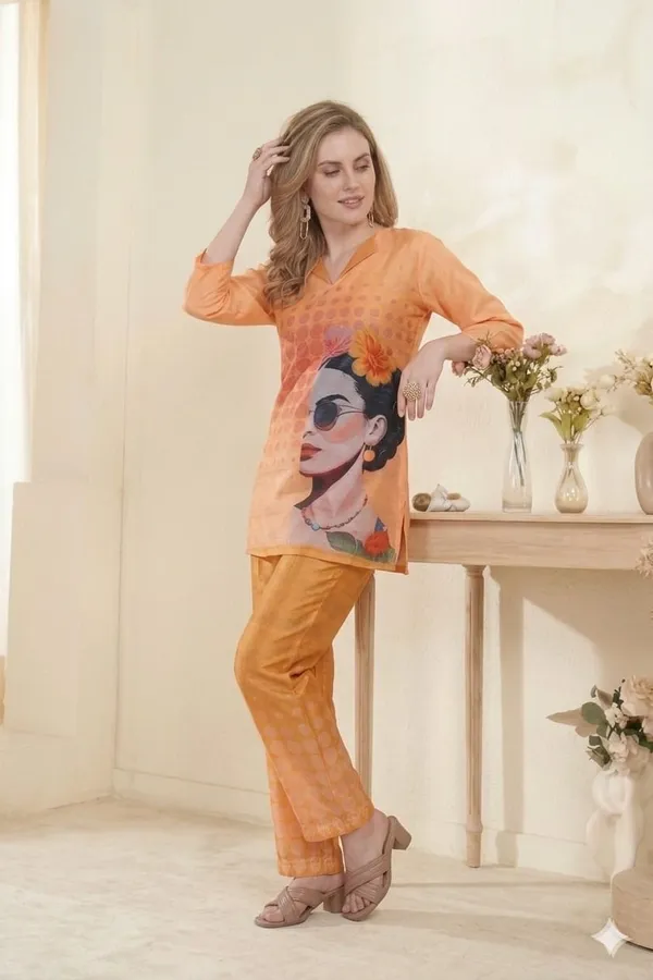 Orange_Linen_Printed_3/4_Sleeves_Casual_Co-ord_Set_For_Women