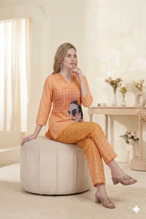 Orange_Linen_Printed_3/4_Sleeves_Casual_Co-ord_Set_For_Women