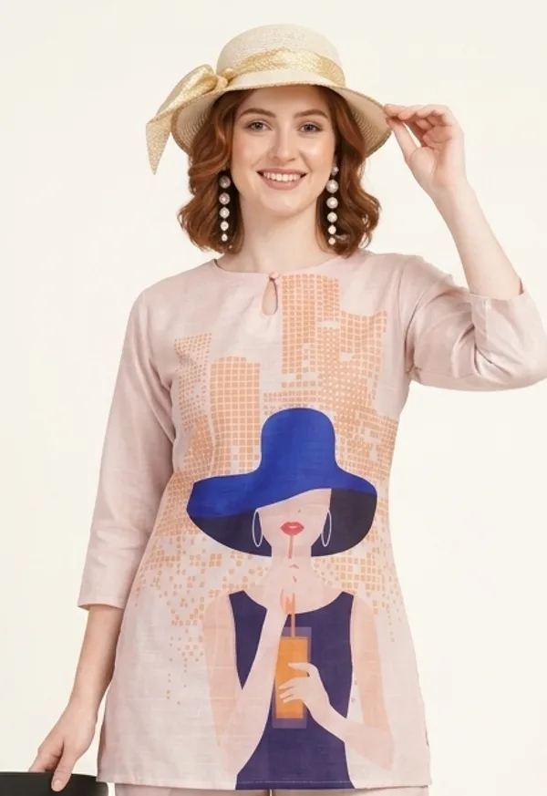 Pink_Linen_Printed_3/4_Sleeves_Casual_Co-ord_Set_For_Women