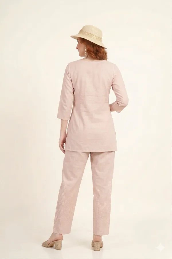 Pink_Linen_Printed_3/4_Sleeves_Casual_Co-ord_Set_For_Women