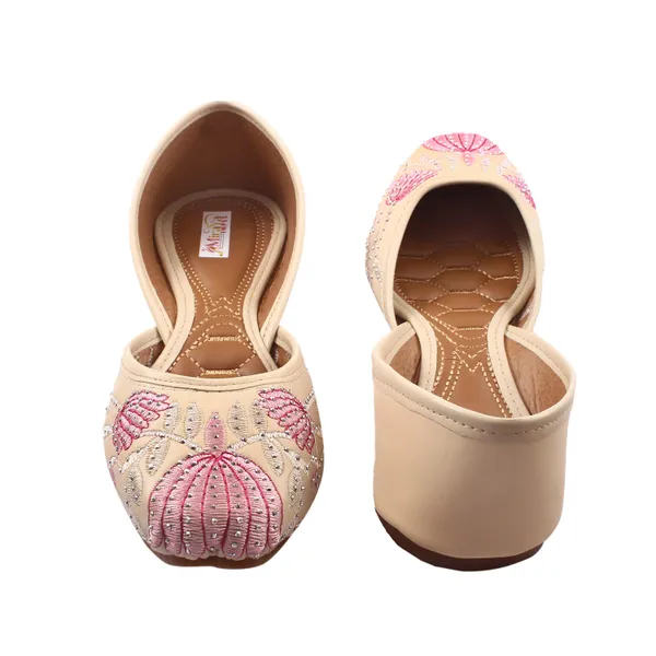 Cream_Water_Lotus_Faux_Leather_Jutti_For_Women_&_Girls