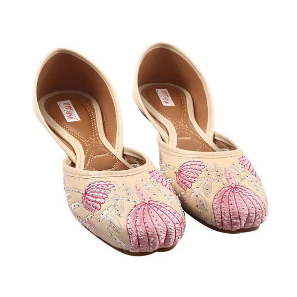 Cream_Water_Lotus_Faux_Leather_Jutti_For_Women_&_Girls