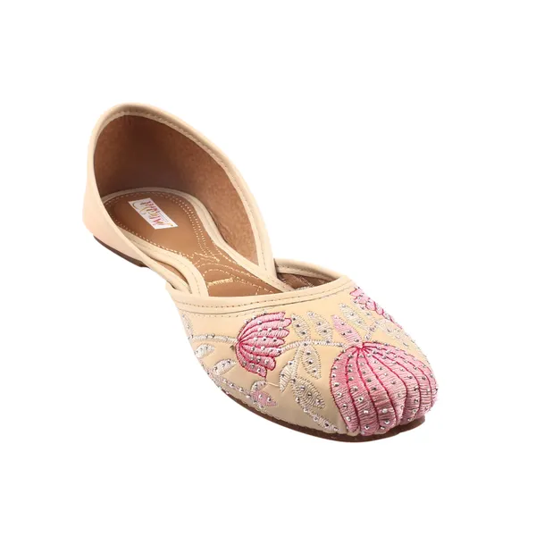 Cream_Water_Lotus_Faux_Leather_Jutti_For_Women_&_Girls