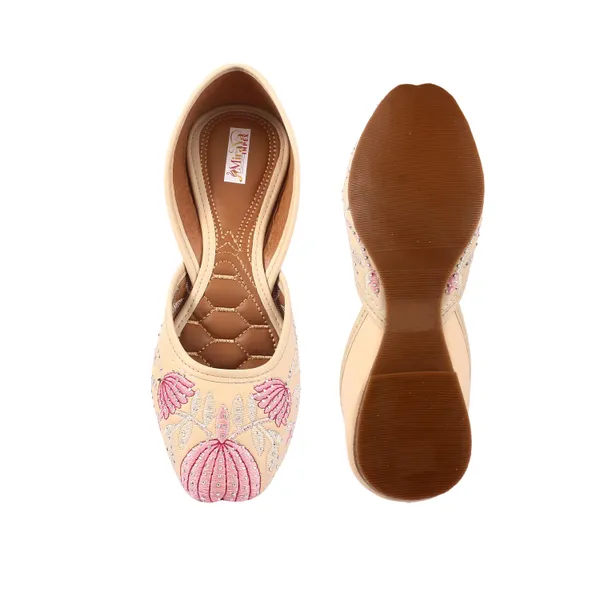 Cream_Water_Lotus_Faux_Leather_Jutti_For_Women_&_Girls