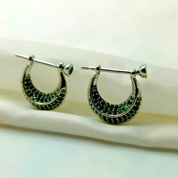 Silver_Pave_Green_Gemstone_Huggie_Hoop_Earrings