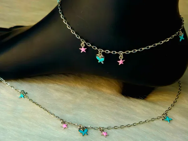 Silver-Toned_Pink_Star_And_Blue_Butterfly_Charm_Anklet
