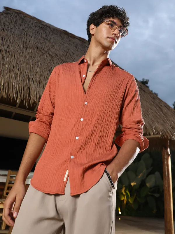 Orange_Solid_Creased_Tactile_Shirt_For_Men