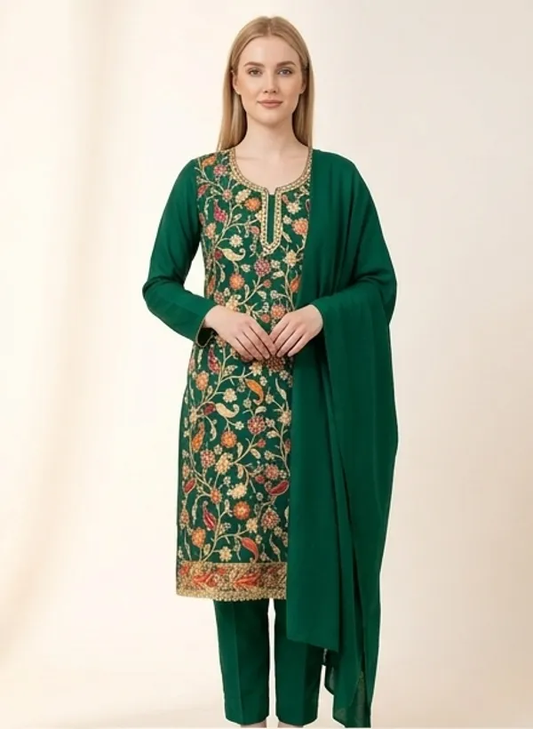 Bottle_Green_Woolen_Unstitched_Dress_Material_For_Women