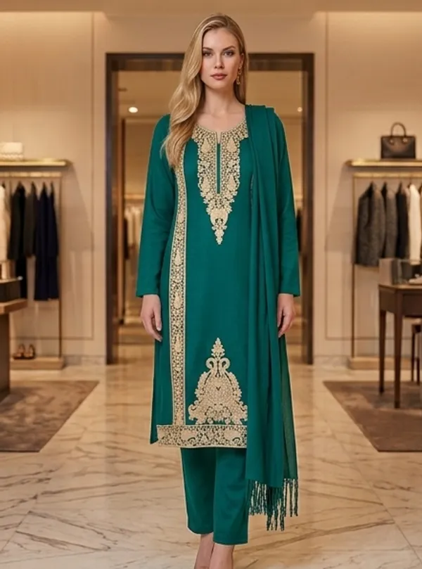 Sea_Green_Woolen_Unstitched_Dress_Material_For_Women