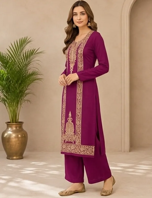 Wine_Woolen_Unstitched_Dress_Material_For_Women