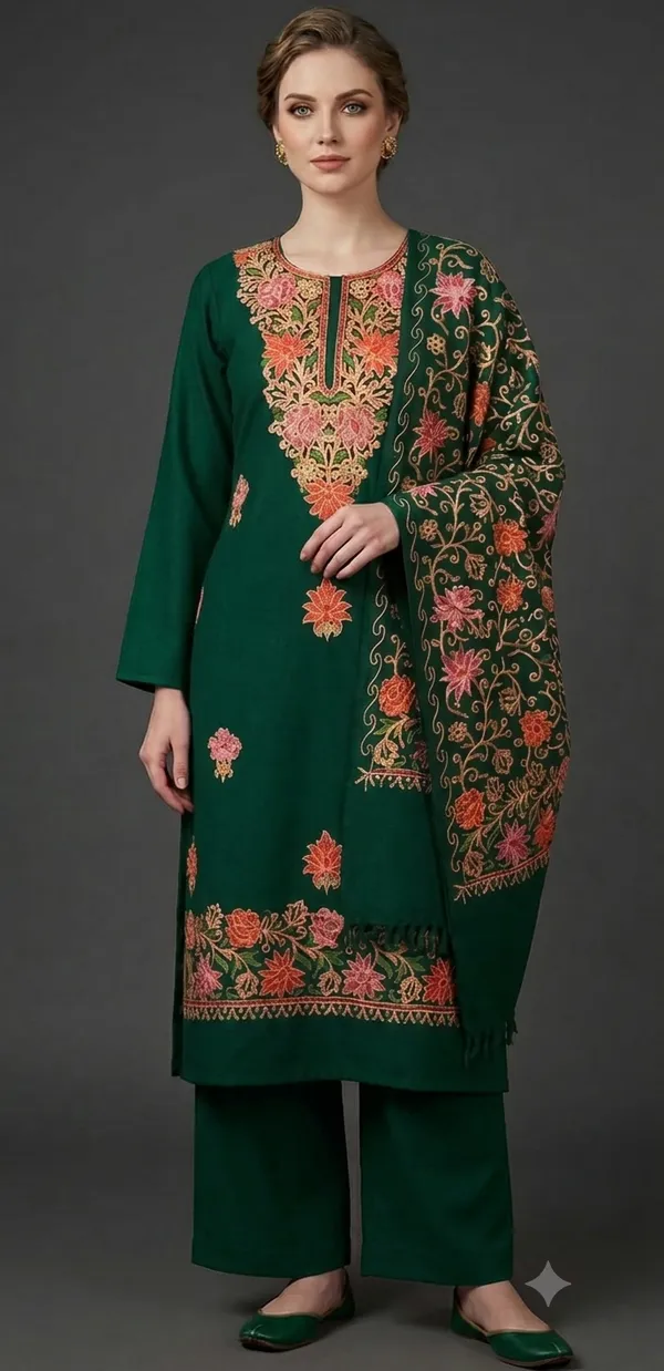 Bottle_Green_Woolen_Unstitched_Dress_Material_For_Women