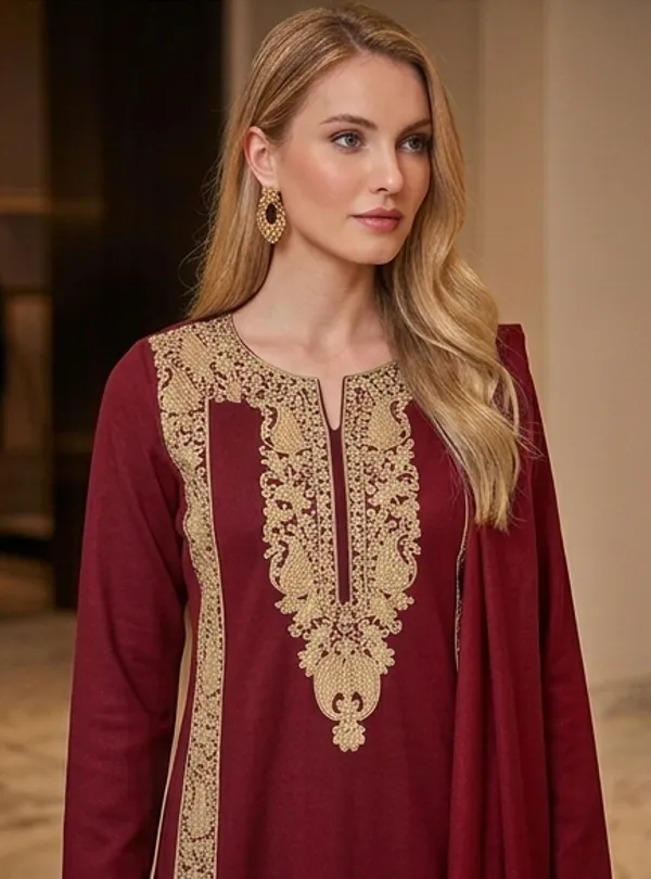 Maroon_Woolen_Unstitched_Dress_Material_For_Women