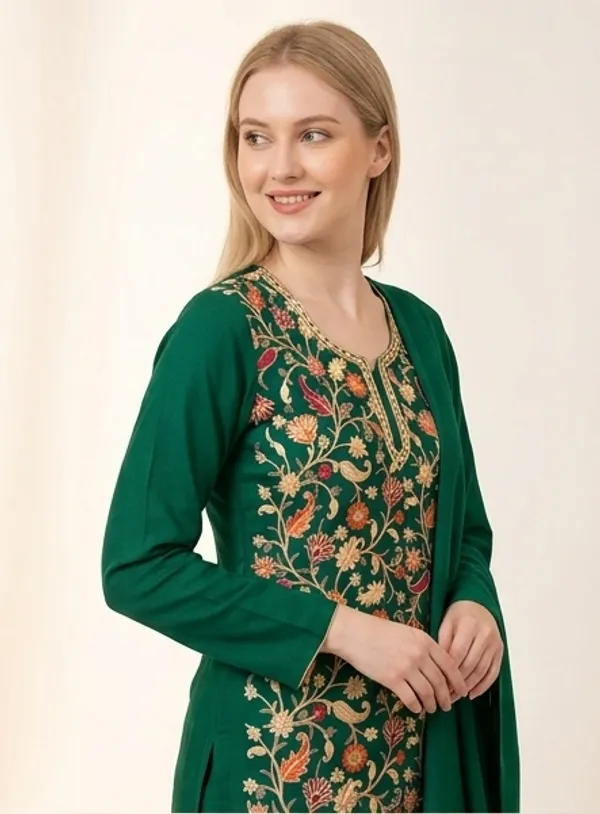 Bottle_Green_Woolen_Unstitched_Dress_Material_For_Women