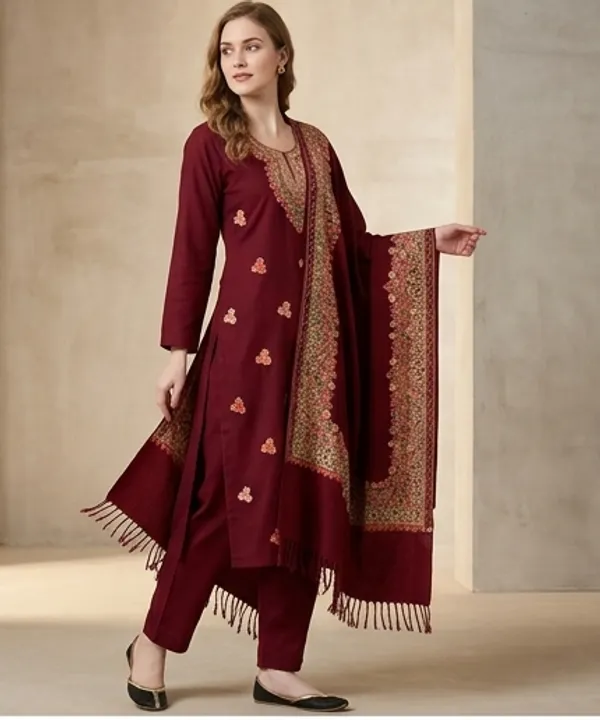 Maroon_Woolen_Unstitched_Dress_Material_For_Women