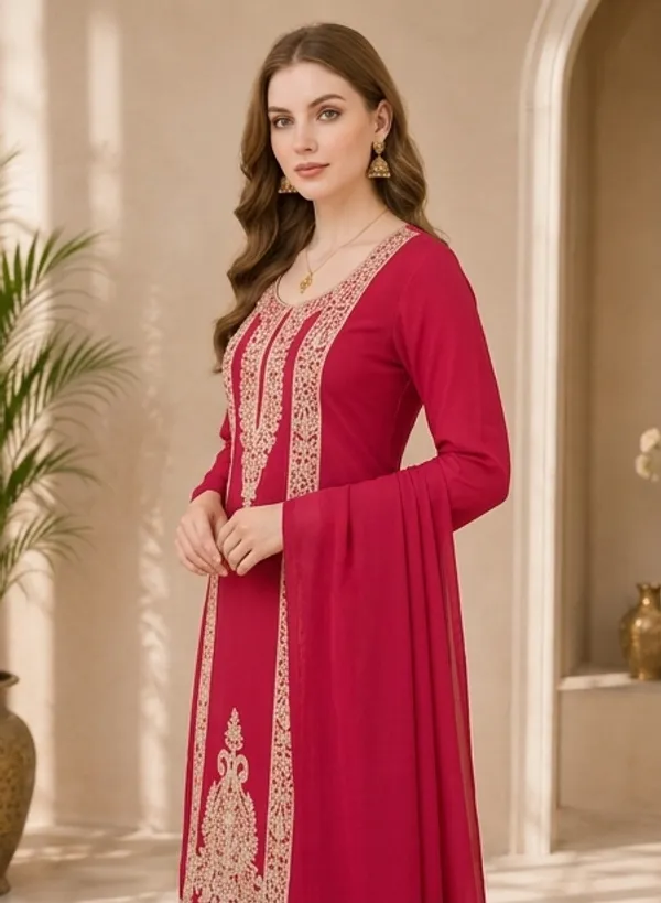 Red_Woolen_Unstitched_Dress_Material_For_Women