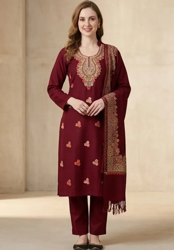 Maroon_Woolen_Unstitched_Dress_Material_For_Women