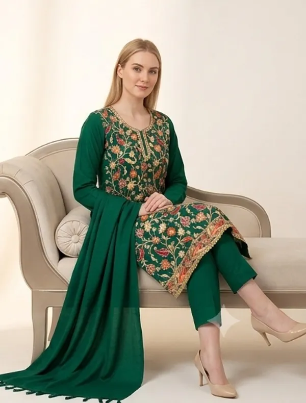 Bottle_Green_Woolen_Unstitched_Dress_Material_For_Women