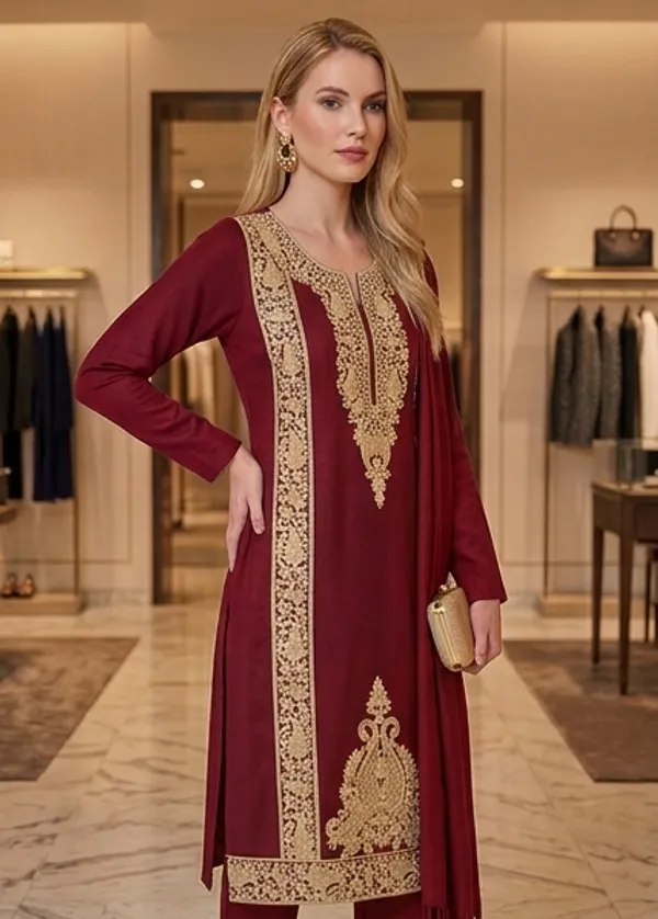Maroon_Woolen_Unstitched_Dress_Material_For_Women