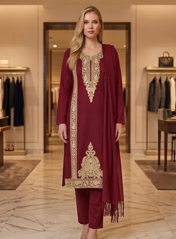 Maroon_Woolen_Unstitched_Dress_Material_For_Women