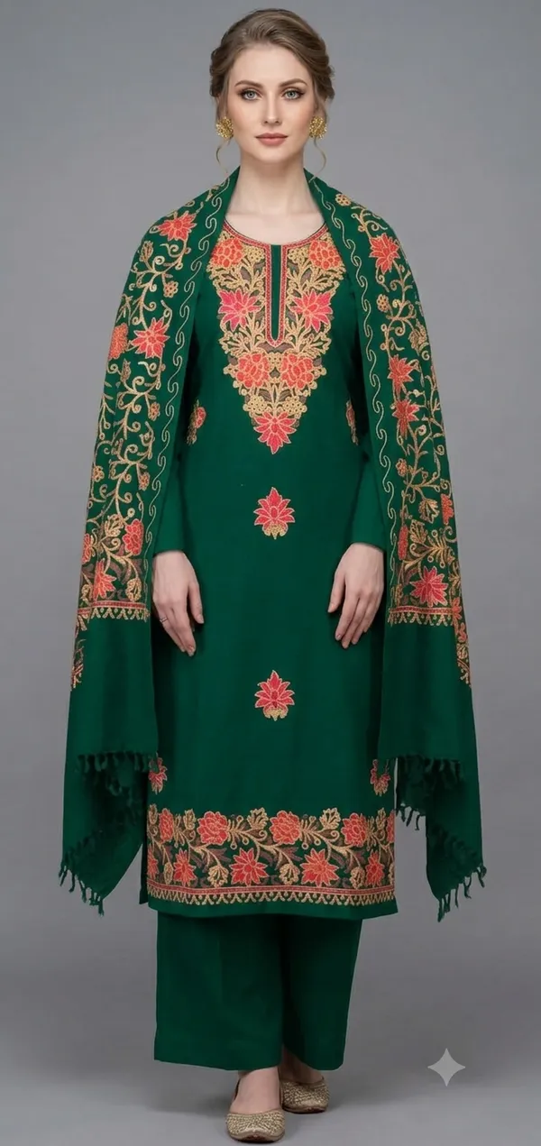 Bottle_Green_Woolen_Unstitched_Dress_Material_For_Women