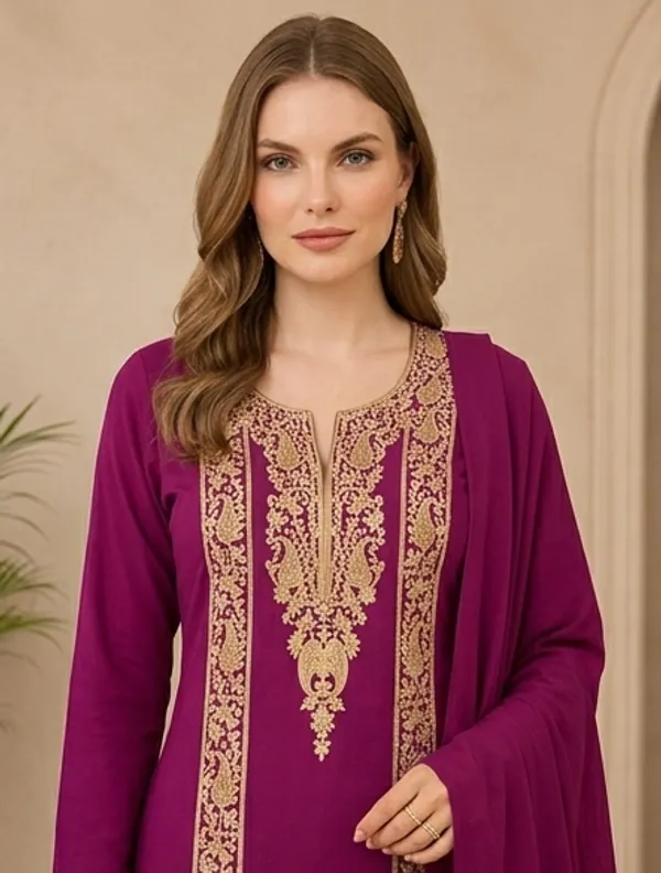 Wine_Woolen_Unstitched_Dress_Material_For_Women