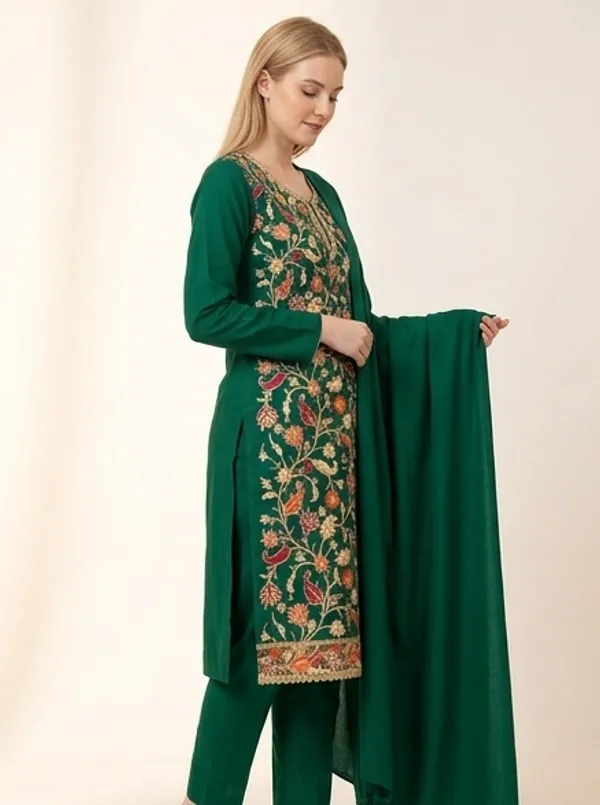 Bottle_Green_Woolen_Unstitched_Dress_Material_For_Women