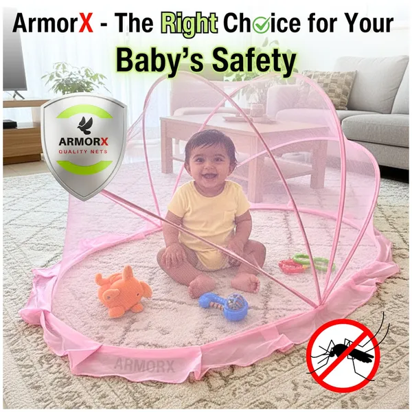 ArmorX_Bubblegum_Pink_Baby_Mosquito_Net_for_Bed,_Cot,_Crib_|Newborn_-_24_months_|Foldable,_Washable_&_Breathable_Insect_Mesh_with_Easy_to_Carry_Travel_Bag|Chemical-Free_Protection_for_Toddlers