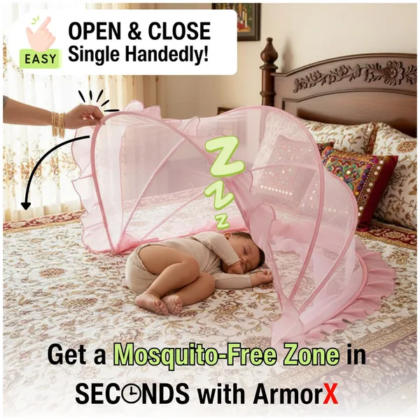 ArmorX_Bubblegum_Pink_Baby_Mosquito_Net_for_Bed,_Cot,_Crib_|Newborn_-_24_months_|Foldable,_Washable_&_Breathable_Insect_Mesh_with_Easy_to_Carry_Travel_Bag|Chemical-Free_Protection_for_Toddlers