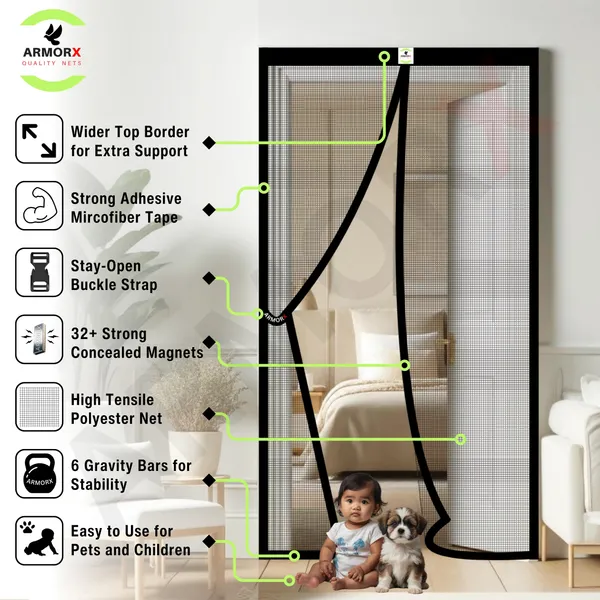 ArmorX_Black_Classic_Collection_Polyester_Magnetic_Door_Mosquito_Net,_Self_Closing_Magnets_With_Buckle_Strap,_Protection_From_Insects,_Pets_&_Kids_friendly
