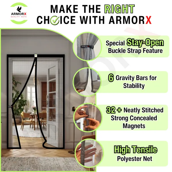 ArmorX_Black_Classic_Collection_Polyester_Magnetic_Door_Mosquito_Net,_Self_Closing_Magnets_With_Buckle_Strap,_Protection_From_Insects,_Pets_&_Kids_friendly