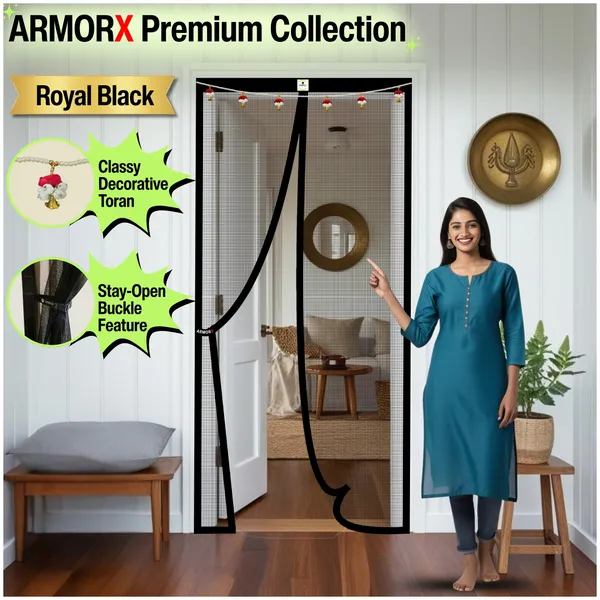 ArmorX_Royal_Black_Premium_Collection_Magnetic_Mosquito_Net_for_Doors_|_Self_Closing_Magnets_&_Stay-Open_Buckle_Feature_|_Incl._Toran_for_Classy_Look_&_Décor