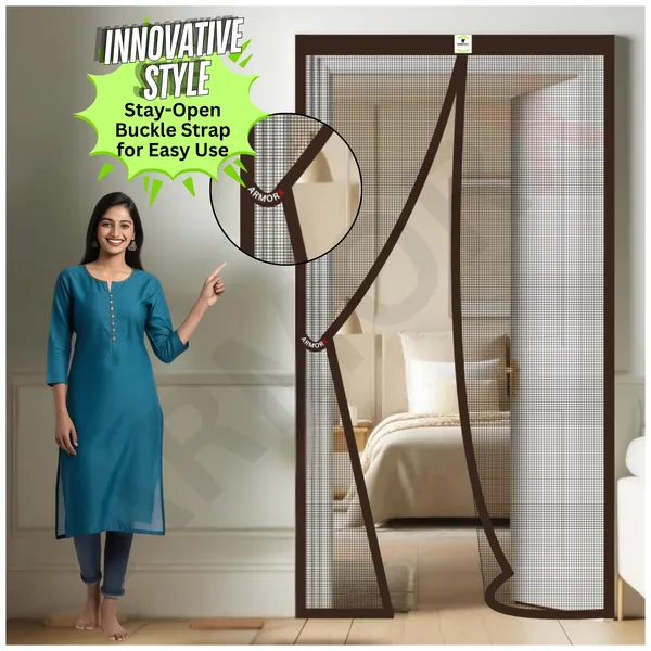 ArmorX_Brown_Classic_Collection_Polyester_Magnetic_Door_Mosquito_Net,_Self_Closing_Magnets_With_Buckle_Strap,_Protection_From_Insects,_Pets_&_Kids_friendly