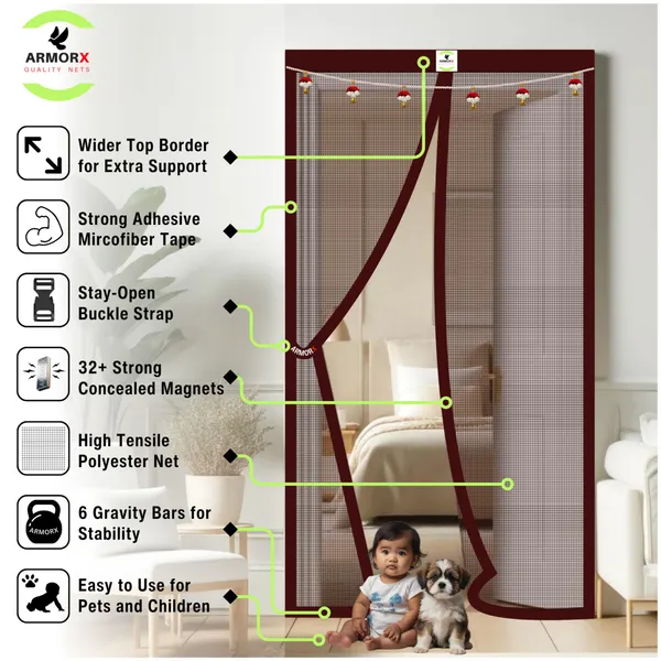 ArmorX_Royal_Brown_Premium_Collection_Magnetic_Mosquito_Net_for_Doors_|_Self_Closing_Magnets_&_Stay-Open_Buckle_Feature_|_Incl._Toran_for_Classy_Look_&_Décor