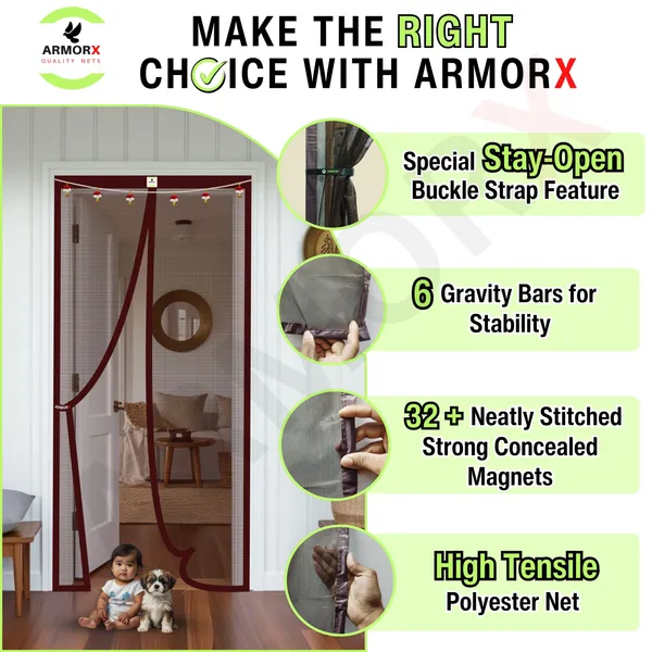 ArmorX_Royal_Brown_Premium_Collection_Magnetic_Mosquito_Net_for_Doors_|_Self_Closing_Magnets_&_Stay-Open_Buckle_Feature_|_Incl._Toran_for_Classy_Look_&_Décor