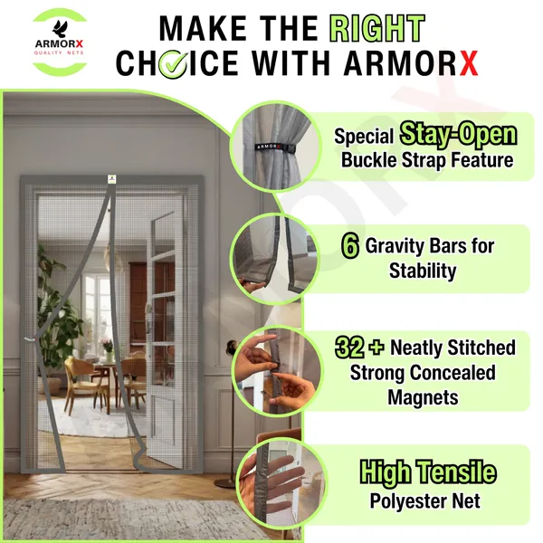 ArmorX_Grey_Classic_Collection_Polyester_Magnetic_Door_Mosquito_Net,_Self_Closing_Magnets_With_Buckle_Strap,_Protection_From_Insects,_Pets_&_Kids_friendly