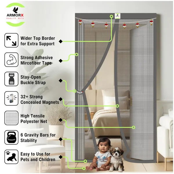 ArmorX_Royal_Grey_Premium_Collection_Magnetic_Mosquito_Net_for_Doors_|_Self_Closing_Magnets_&_Stay-Open_Buckle_Feature_|_Incl._Toran_for_Classy_Look_&_Décor