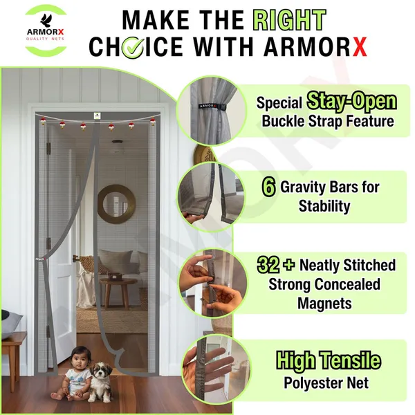 ArmorX_Royal_Grey_Premium_Collection_Magnetic_Mosquito_Net_for_Doors_|_Self_Closing_Magnets_&_Stay-Open_Buckle_Feature_|_Incl._Toran_for_Classy_Look_&_Décor