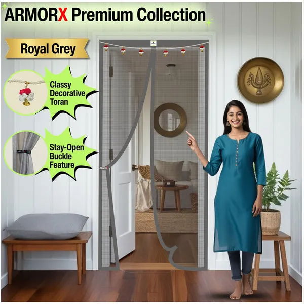 ArmorX_Royal_Grey_Premium_Collection_Magnetic_Mosquito_Net_for_Doors_|_Self_Closing_Magnets_&_Stay-Open_Buckle_Feature_|_Incl._Toran_for_Classy_Look_&_Décor