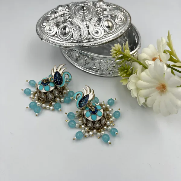 Turquoise_Elegant_Kundan_Gold-Plated_Jhumka_Earrings