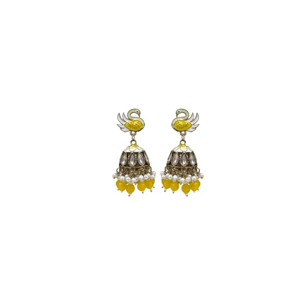 Yellow_Elegant_Kundan_Gold-Plated_Jhumka_Earrings
