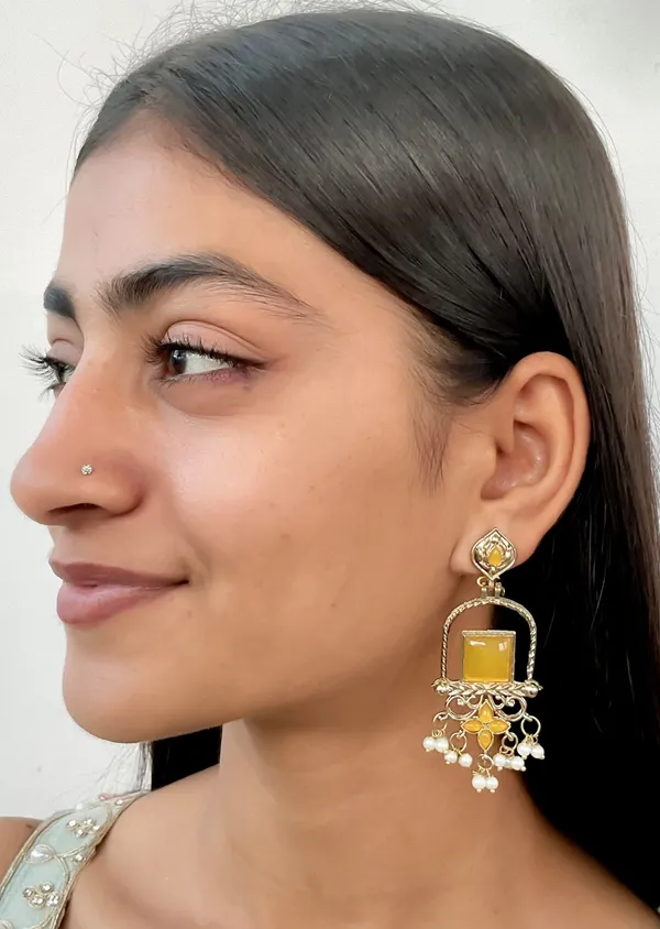 Latest_Stylish_Traditional_Mehndi_Polish_Yellow_Jhumka_Earrings_for_Women_&_Girls