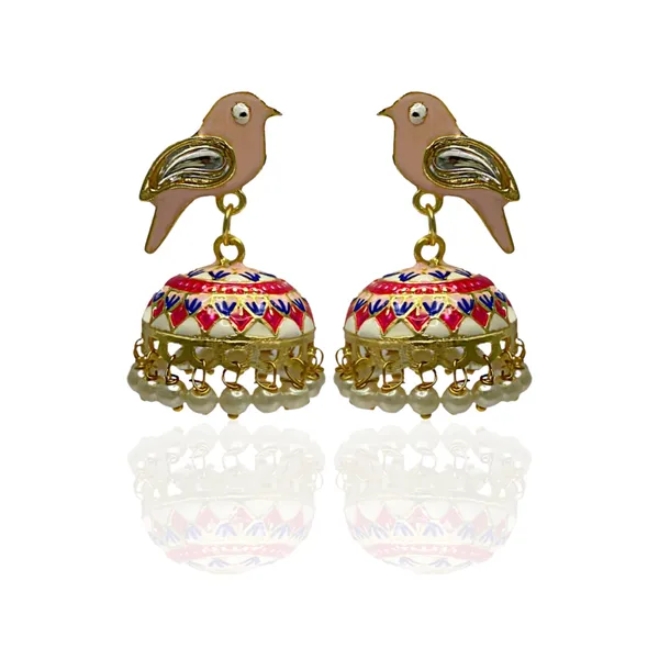 Traditional_Jhumka_Baby_Pink_Earrings_Sparrow_Design_Rajasthani_Multicolor_Blue_Meenakari_Gold_Plated_Earring_Set