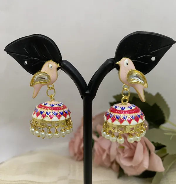 Traditional_Jhumka_Baby_Pink_Earrings_Sparrow_Design_Rajasthani_Multicolor_Blue_Meenakari_Gold_Plated_Earring_Set